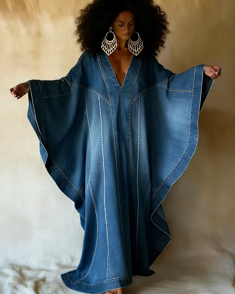 Washed Denim Texture Print V-neck Long Kaftan Dress