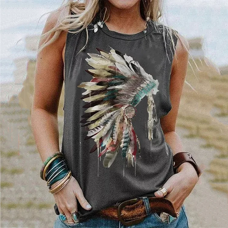 Indian Feather Headdress Print Tank Top