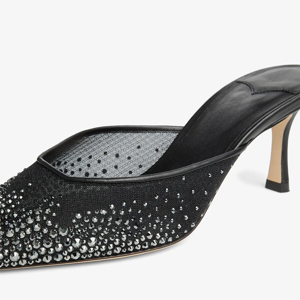 Black Mesh Pointed Toe Stiletto Heel Rhinestone Mules for Women