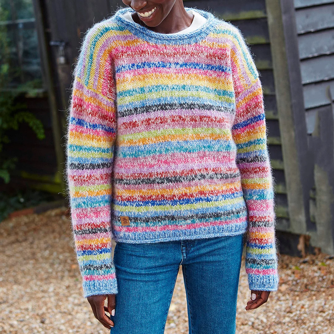 Vintage Mohair Rainbow Stripe Knit Jacquard Crew Neck Sweater