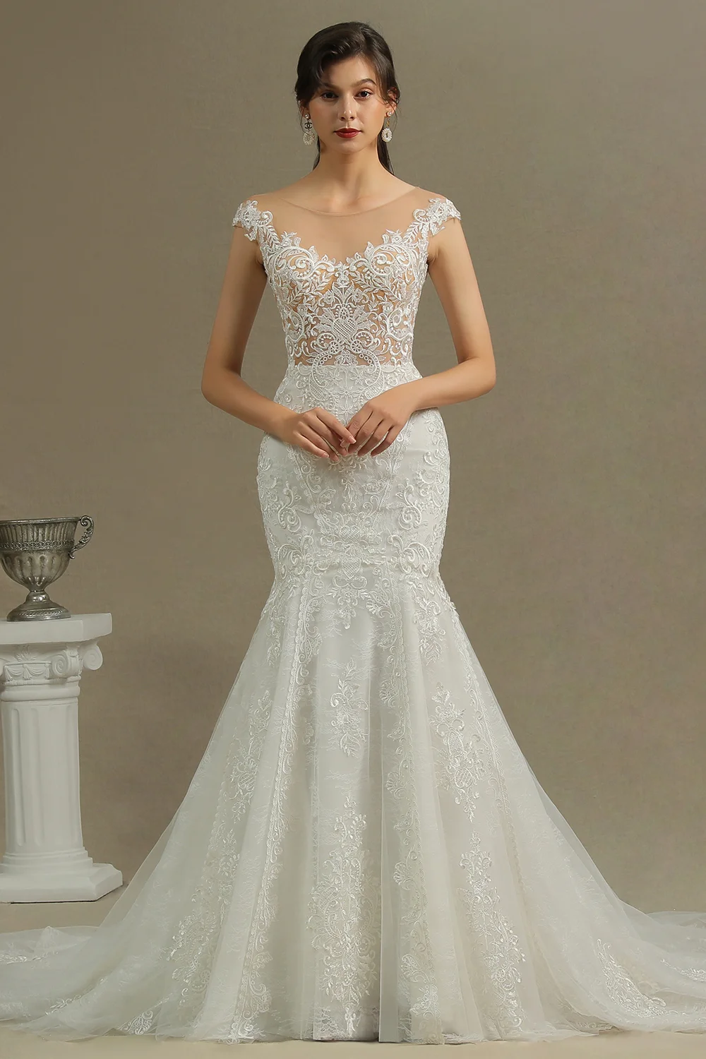 Miabel Chic Cap Sleeve Sheer Mermaid  Wedding Dress With Tulle Appliques