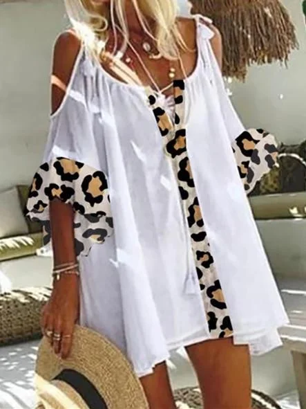 Women Half Sleeve V-neck Stitching Leopard Top
