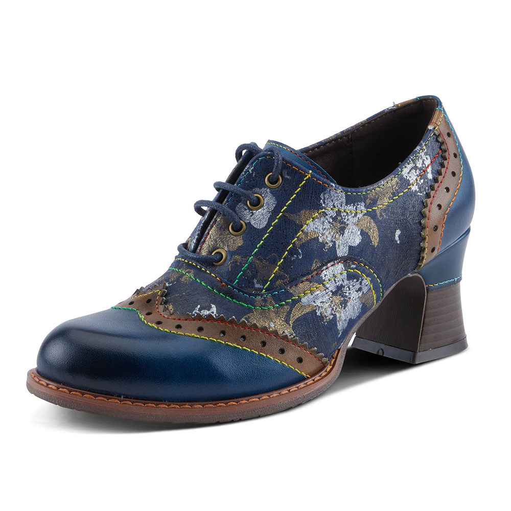 Blue Flower Print Round Toe Lace-Up Retro Oxford Heels for Women Nicepairs