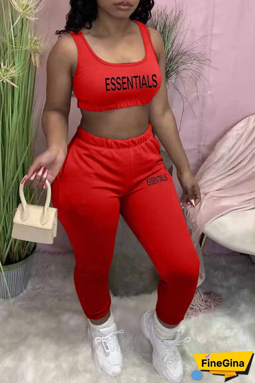 Black Casual Print Letter U Neck Sleeveless Two Pieces