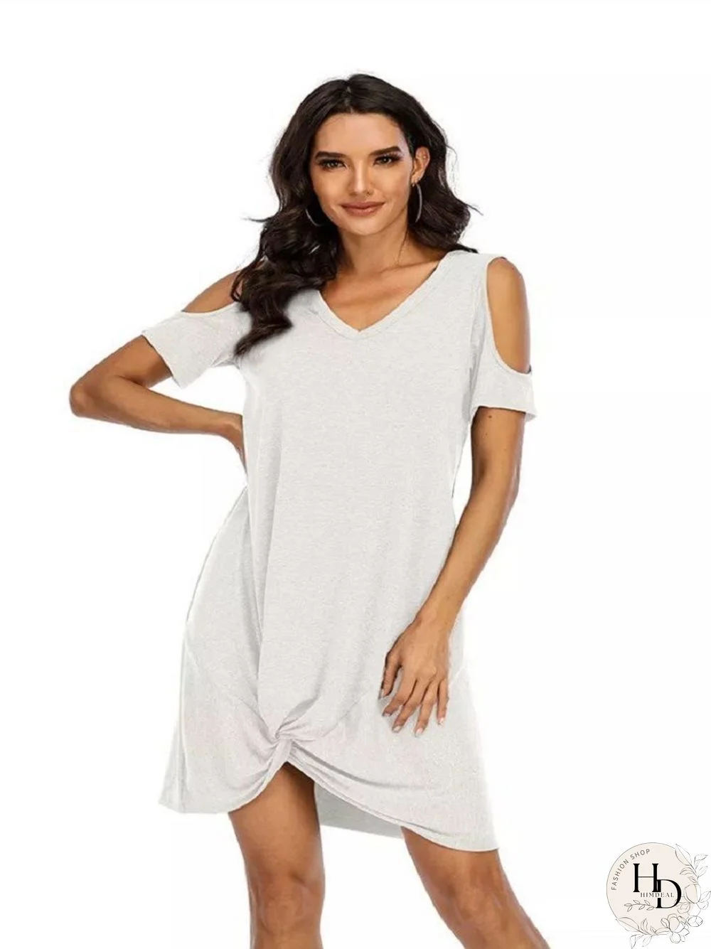 Loose Solid Color Short Sleeve V-neck T-shirt Dress White Dresses