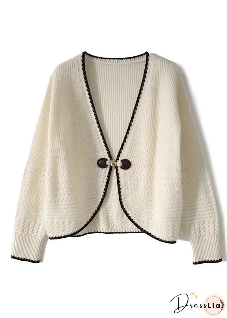 Women Beige V Neck Woolen Knit Cardigan Fall
