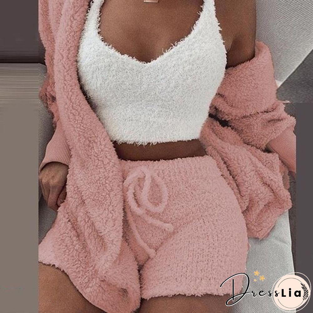 Women Fashion Winter Plush Casual Sportswear Long Sleeve Crop Top Shirt Shorts Suit(1pc Vest or 2pcs Coat+Pants or 3pcs Vest+Coat+Pants)