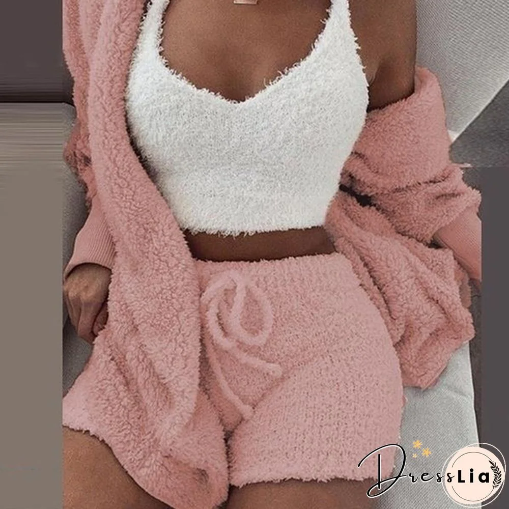 Women Fashion Winter Plush Casual Sportswear Long Sleeve Crop Top Shirt Shorts Suit(1pc Vest or 2pcs Coat+Pants or 3pcs Vest+Coat+Pants)