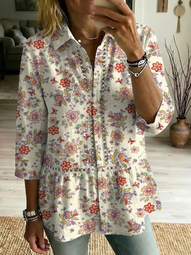 Women's Retro Floral Art Print Casual Lapel Cotton Shirt