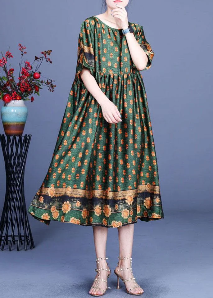 Women Green Print Silk Cinched Dress Summer