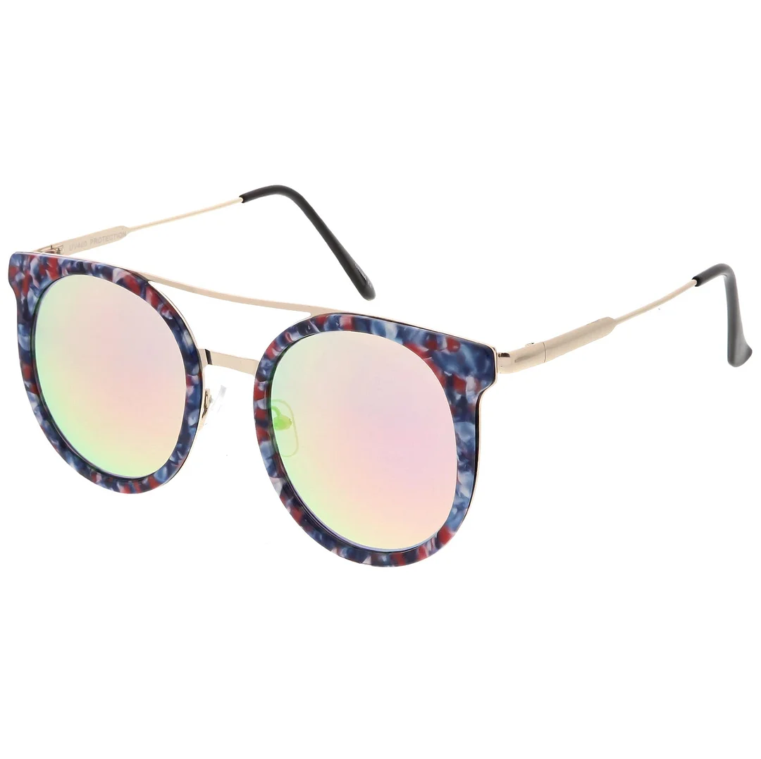 Modern Horn Rimmed glasses Sleek Double Nose Bridge Round Color Mirrored Lens 51mm