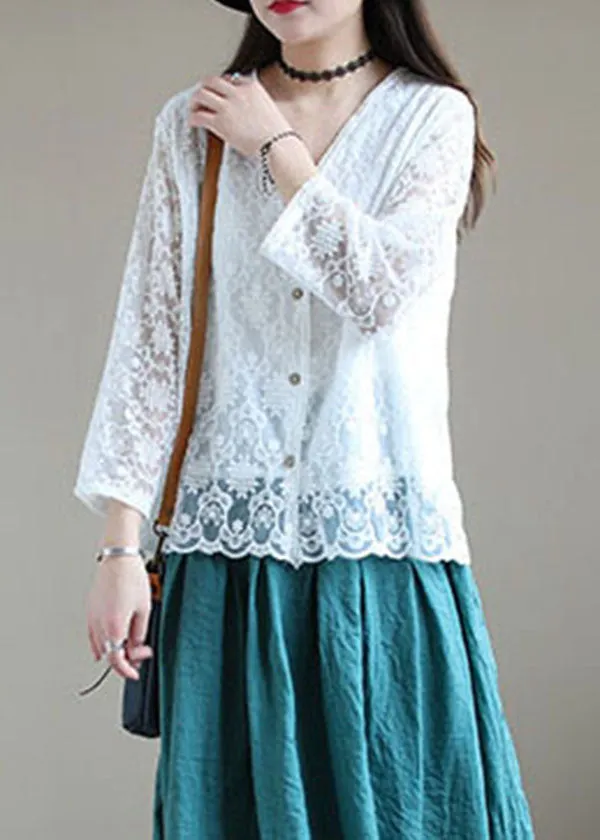 Plus Size White V Neck Cotton UPF 50+ Cardigans Long Sleeve