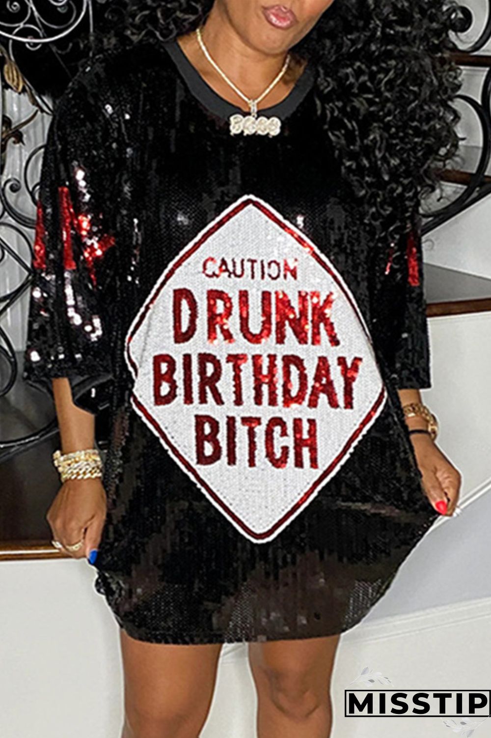 Rose Red Fashion Casual Patchwork Sequins O Neck A Line Dresses