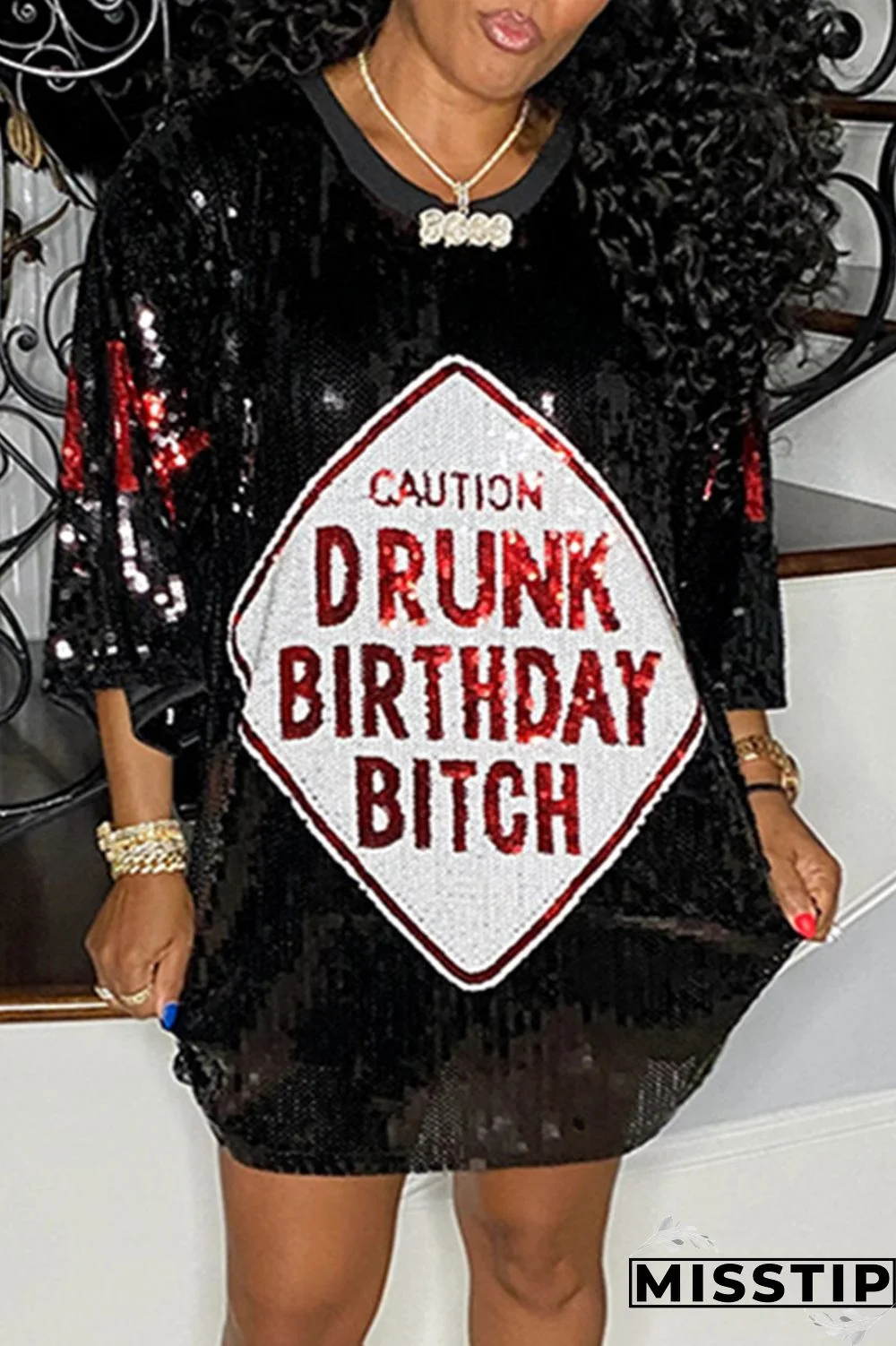 Rose Red Fashion Casual Patchwork Sequins O Neck A Line Dresses