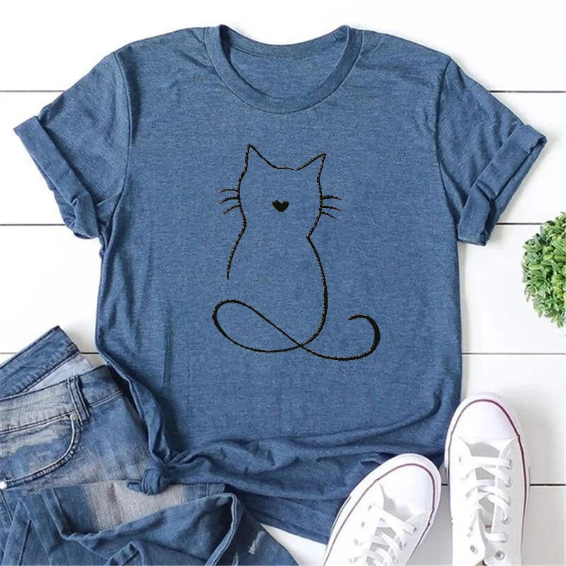 Cat Print Crew Neck Short Sleeve T-shirt