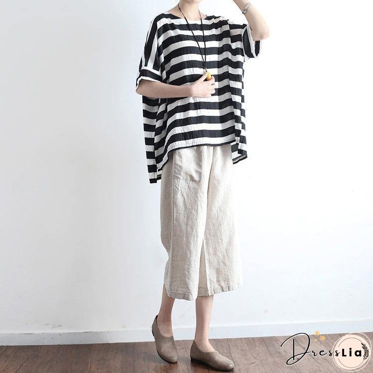 New Black White Striped Linen Summer Tops Casual O-Neck Pullover Batwing Sleeve T-Shirt