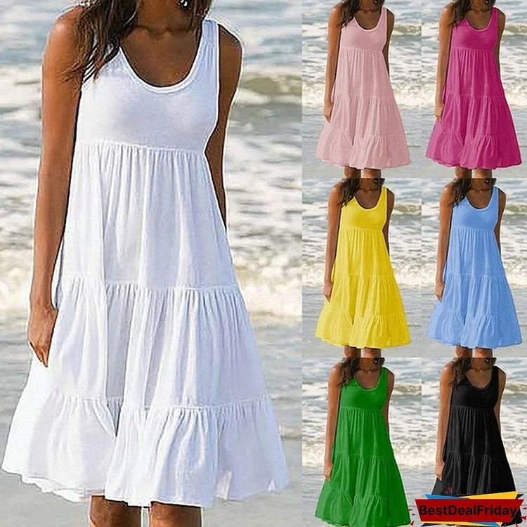 New Fashion Summer Women Casual Dress Round Neck Loose Big Swing Skirt Sleeveless Soild Color Beach Dress