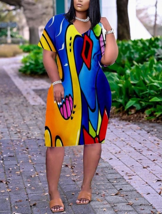 Abstract Print Plus Size V Neck Mid Sleeve Dress