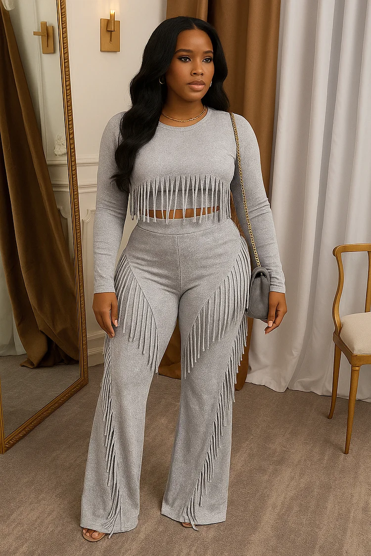 Fringe Decor Long Sleeve Crop Top Wide Leg Pants 2pcs Set-Gray [Pre Order]
