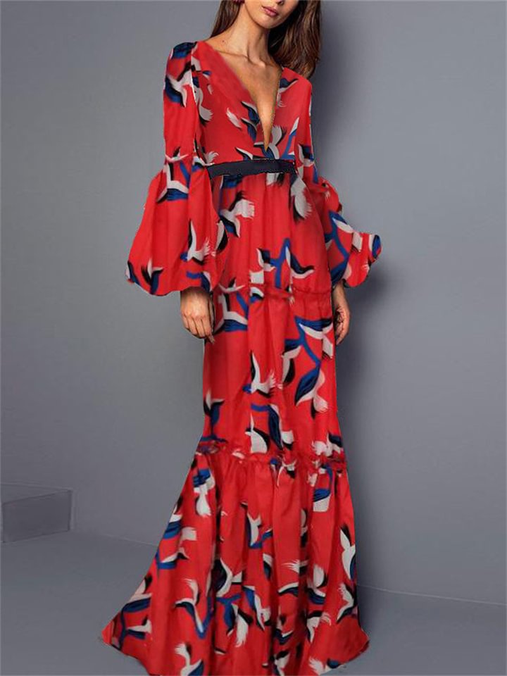 V-Neck Printed Sexy Long Skirt