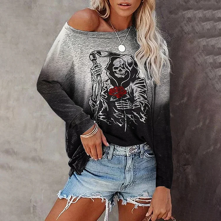 VChics Halloween Beautiful Crazy Rose Skull Print T-Shirt