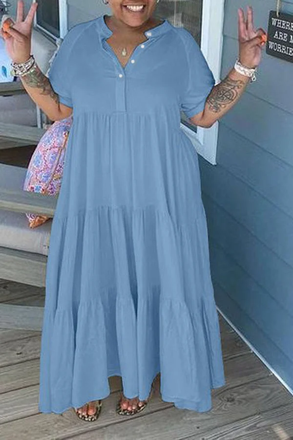 V-neck Buttons Pleated Swing Maxi Dress