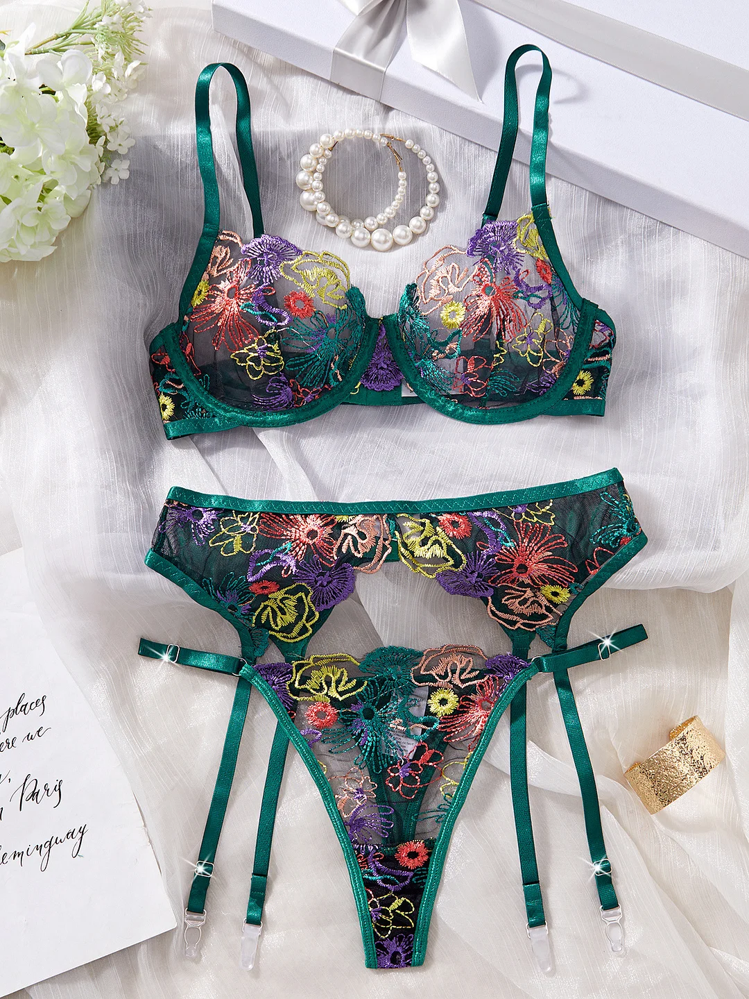 Uaang Autumn New Transparent Seduction Color Embroidery Mesh Splicing Sexy Lingerie Three Sets