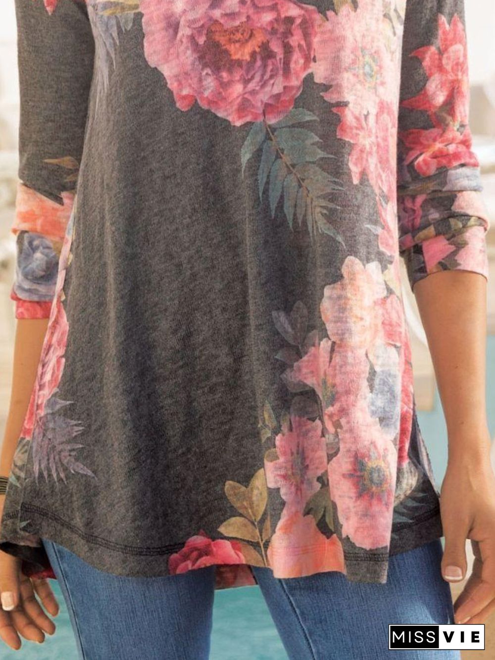 Cotton-Blend Casual V Neck Floral-Print T-shirt