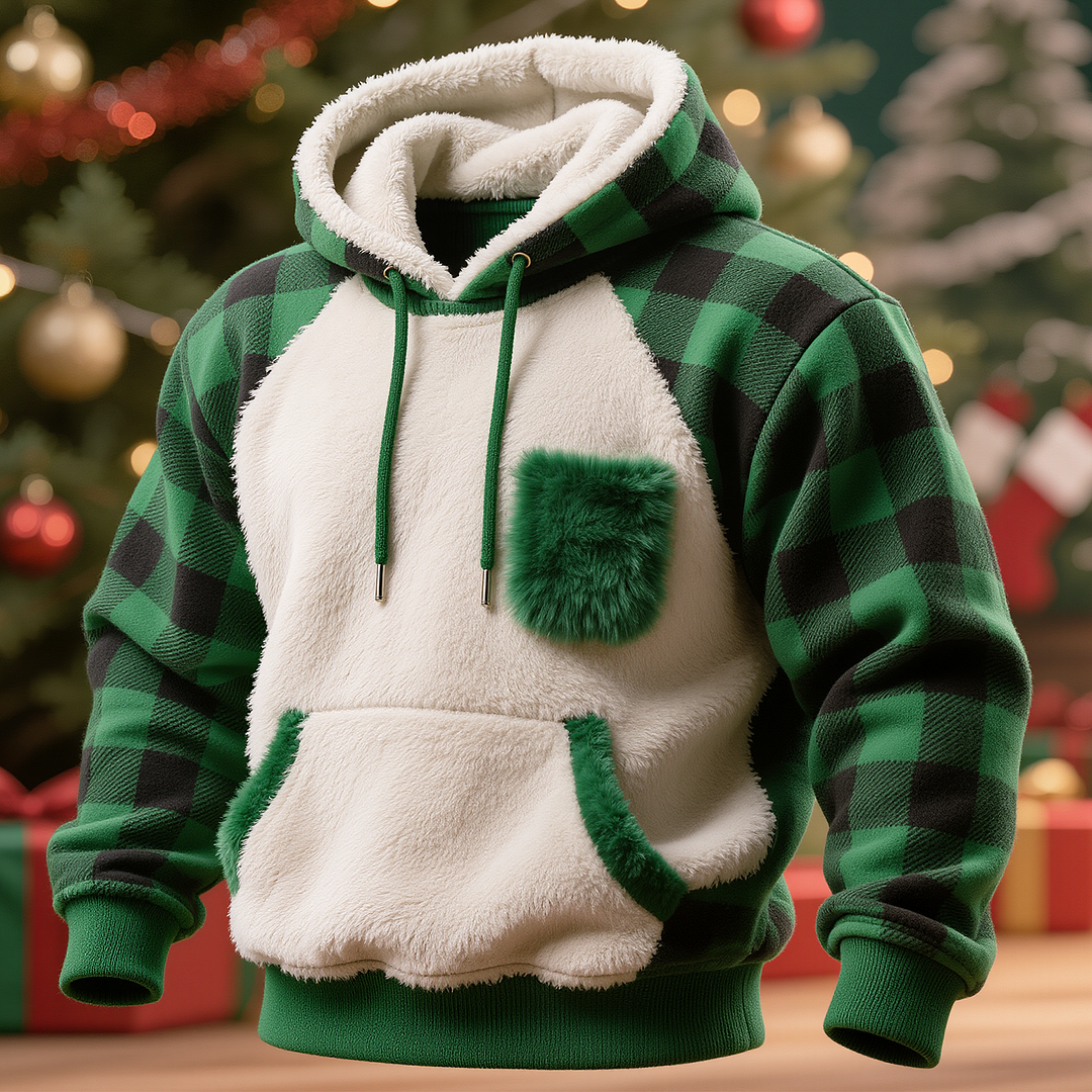 Men's 3D Print Plush Stitching Christmas Plaid Warm Hoodie-inspireuse