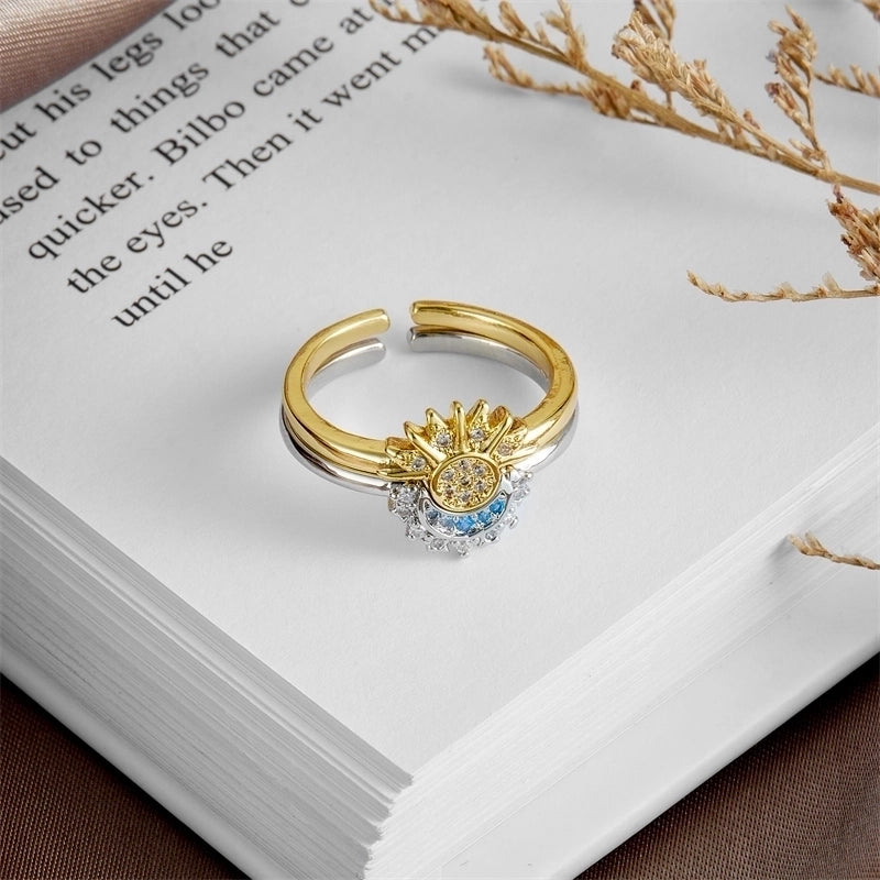 Copper Inlay Sun Moon Artificial Rhinestones Open Rings