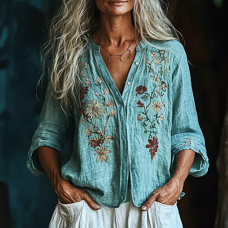 Women's Casual Linen Printed Long Sleeve Shirt