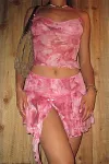 Cami Floral Print Crop Top Ruffle Tassle Pleated Slit Mini Skirt Vacation Matching Set