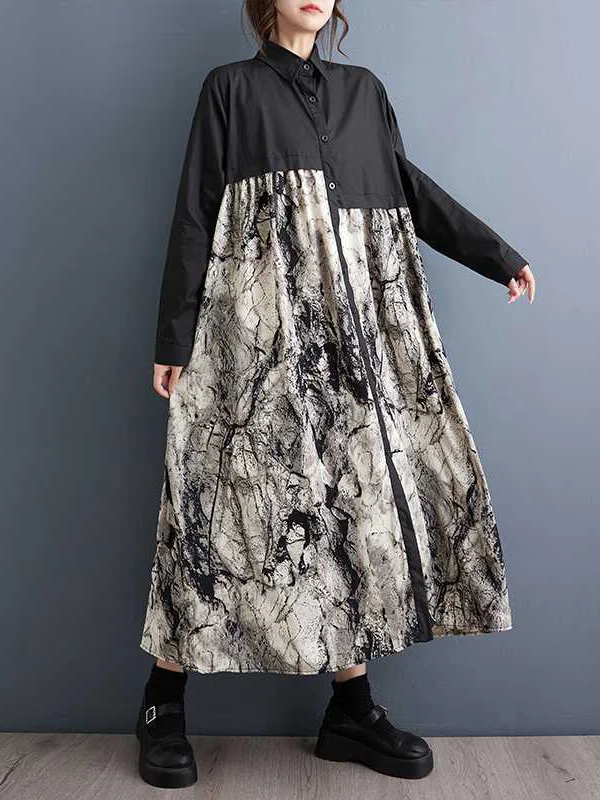 Split-Joint Printed Buttoned Asymmetric Loose Long Sleeves Lapel Shirt Dress Midi Dresses