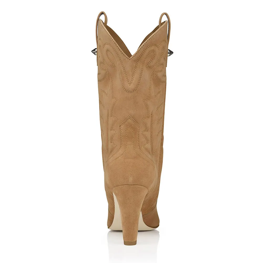 Women's Pointed Toe High Cone Heel Khaki Embroidered Western Boots