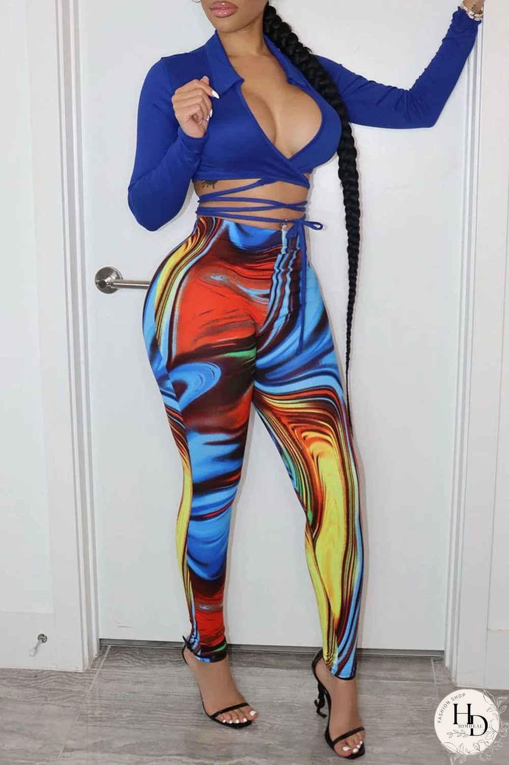 Blue Sexy Print Split Joint Frenulum V Neck Long Sleeve Two Pieces