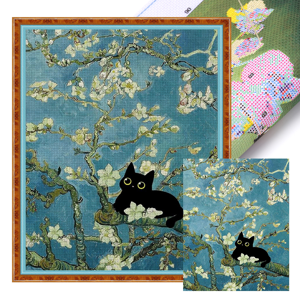 Van Gogh'S Blooming Apricot Flowers And Black Cat Full 11CT Pre-stamped Canvas(40*50cm) Cross Stitch