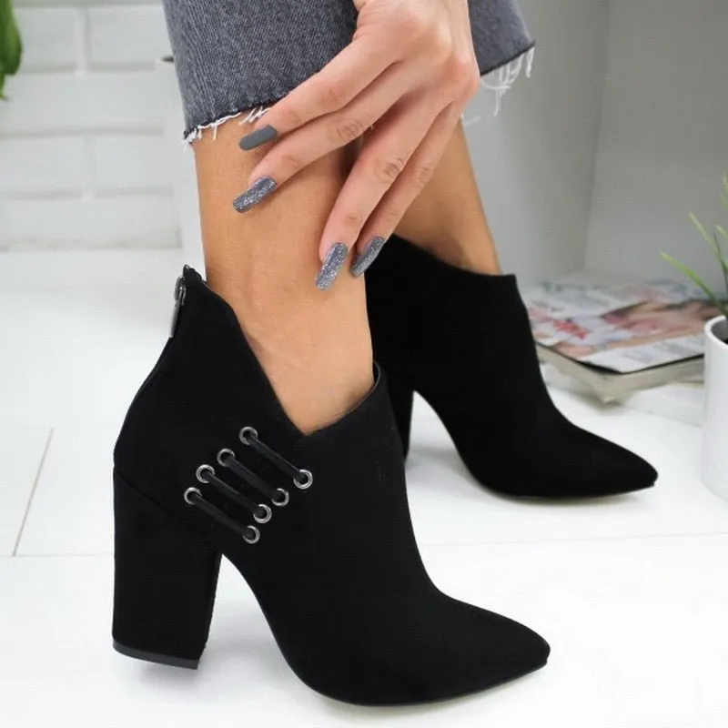 Women's Boots Pointed High Heels Shoes Solid Color Leather Ankle Boots Female Boots Fashion Thick Heel Side Zipper Women Shoes
