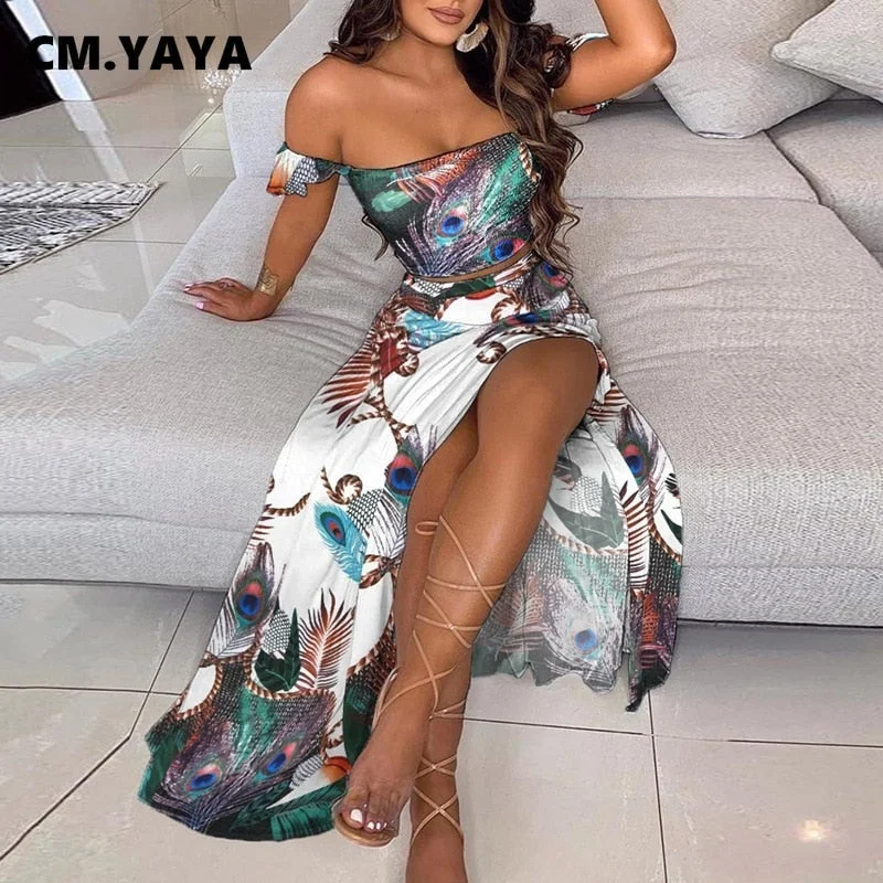 CM.YAYA Women Boho Elegant High Side Split Maxi Long Skirts Suit with Strapless Crop Tops Matching Two 2 Piece Set Outfits 2022