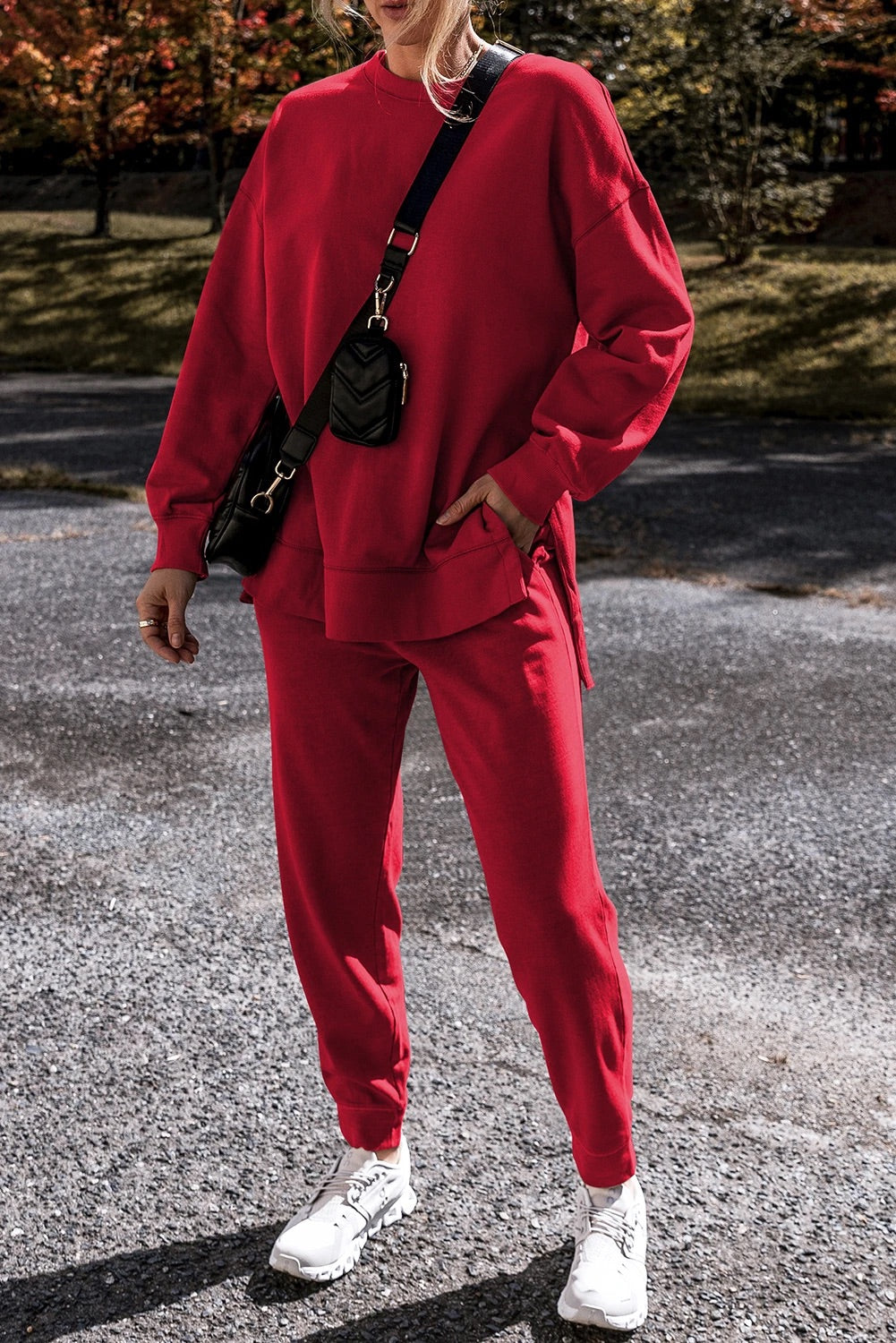 Racing Red Solid Color High Low Pullover and Pants Set