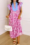 Women's Pink Floral Color Block Patchwork V Neck Short Sleeve Long Dress