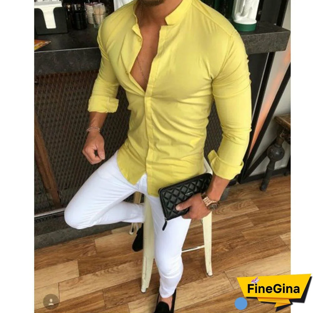 Men Long Sleeve Shirt Button Up Casual Top Male V-Neck Button Tee Shirts M-2XL