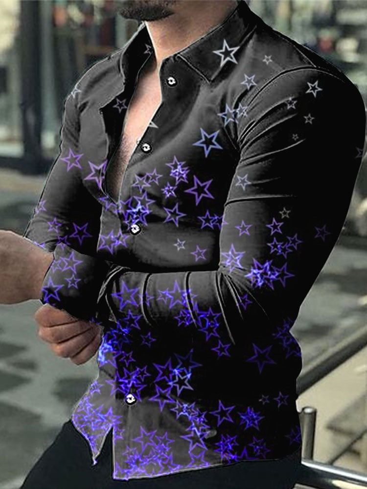 Men's Casual Purple Star Pattern Printed Long Sleeve Shirt