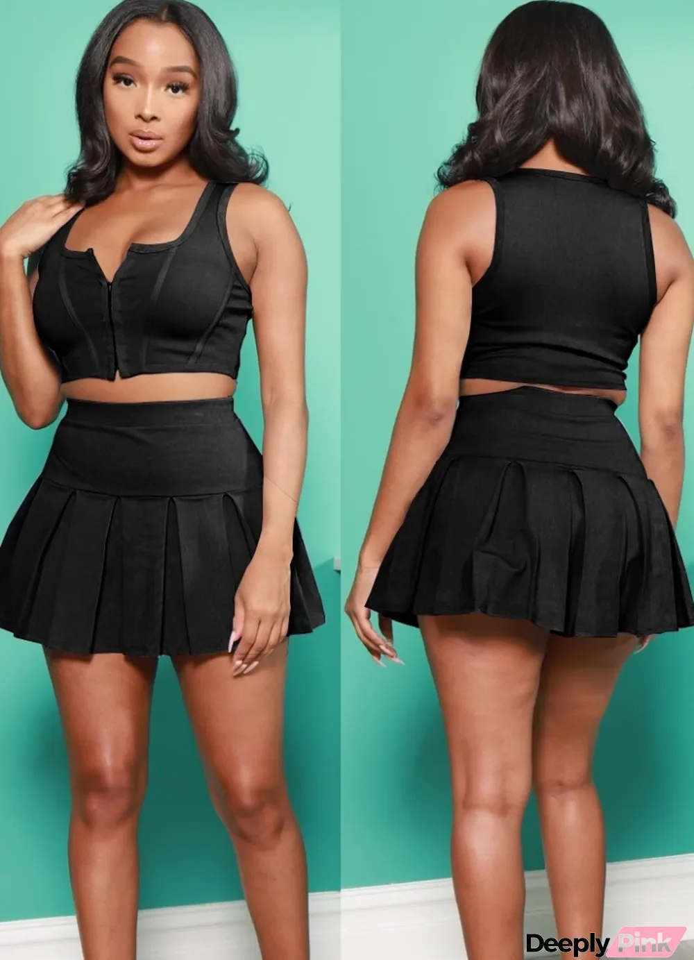 Summer Sports Black Zipper Vest and Pleated Skirt Set
