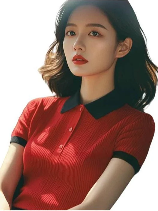 Athvotar Athvotar Splicing Bump Color Collar Knitting Shoulder Short-Sleeved T-Shirt Vertical Texture Thin Summer Women's Korean Top