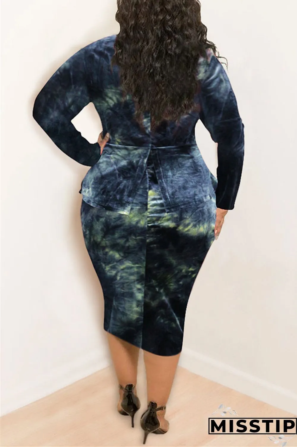 Purple Fashion Casual Plus Size O Neck Long Sleeve Regular Sleeve Print Tie Dye Printed Dress