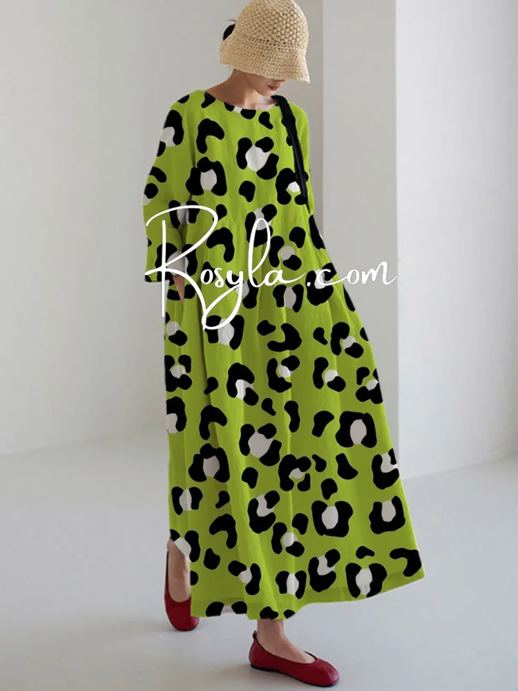 Women's Casual Leisure Leopard Print Long Sleeve Midi Dress