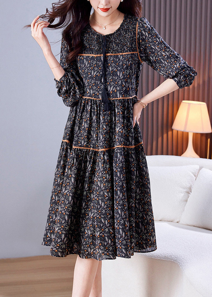 VCSHOES Loose Black O-Neck Print Patchwork Wrinkled Chiffon Long Dresses Spring