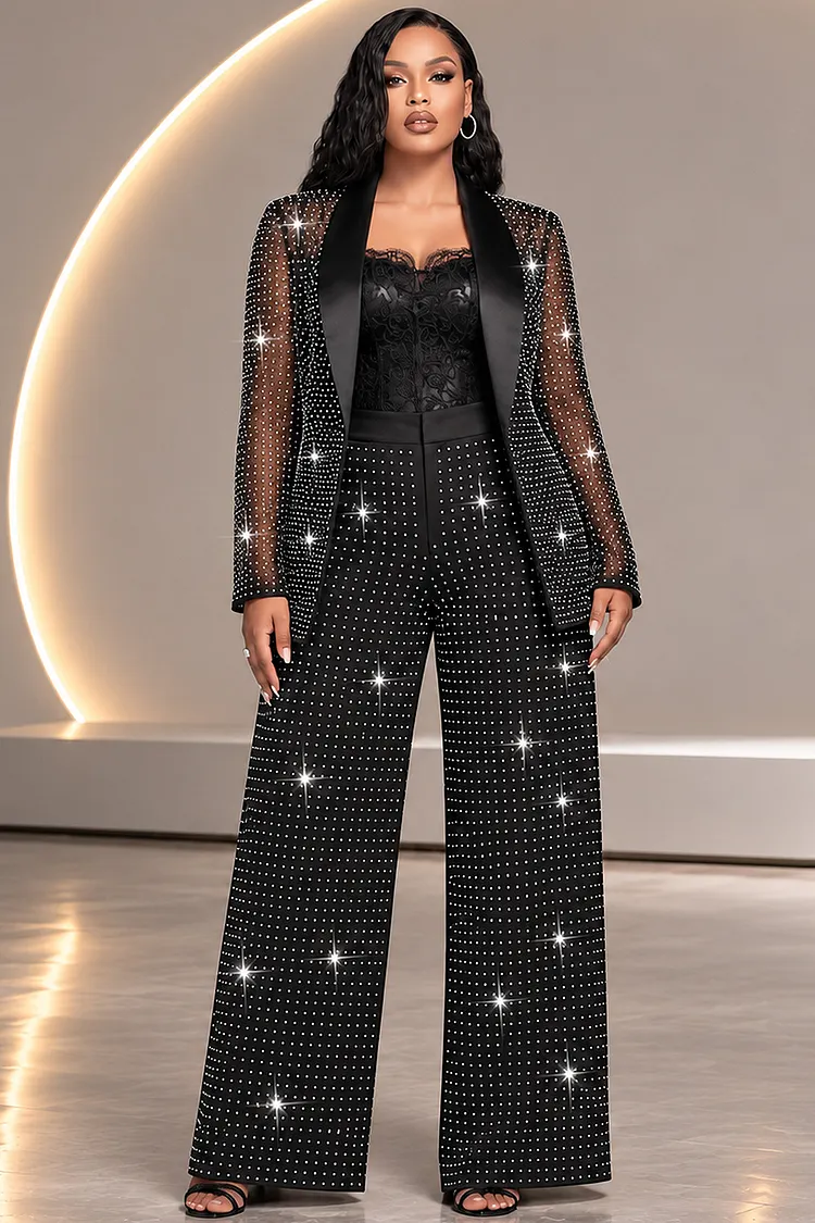 Xpluswear Design Plus Size Formal Black Lapel Collar Long Sleeve See Through Tulle Two Piece Pant Suits [Pre-Order] 2024 - Xpluswear