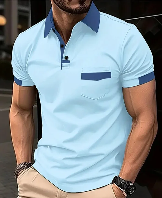 Sporty Colorblock Pocket Short Sleeve Button Polo Shirt 
