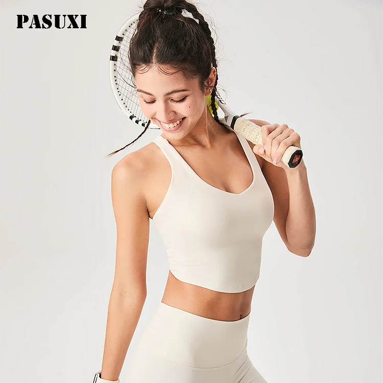 PASUXI Women's Nude Color Slimming Yoga Sports Bra One-Piece Fixed Cup Workout Top with V-Shaped Back Design  huanwei